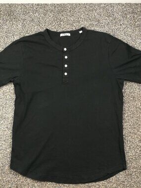 Buck Mason Shirt Henley Curved Hem Cotton Button Up Black Mens Medium